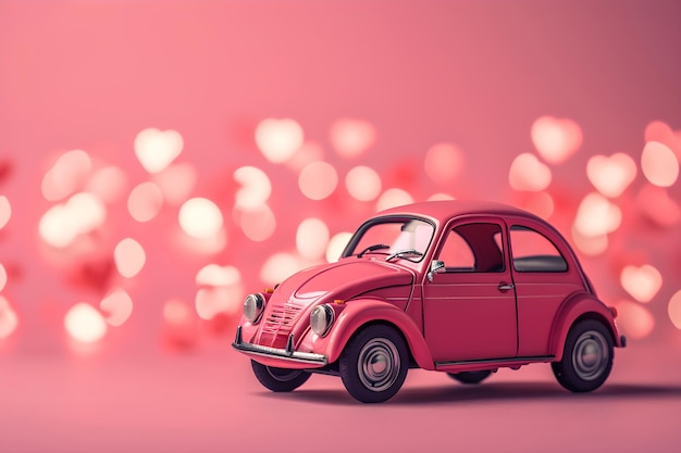 Photo une voiture de jouet rétro rouge avec des cœurs sur fond rose, présentée avec amour pour la saint-valentin.