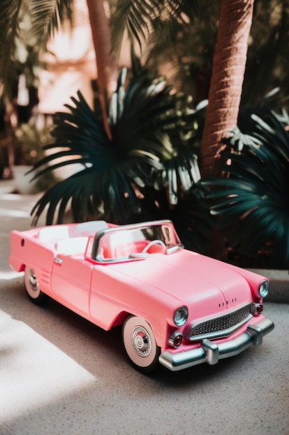 Une voiture jouet rose assise au sommet d'un parking image IA générative