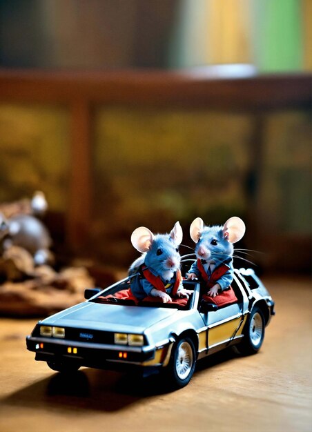 une voiture de jouet avec une souris à l'arrière est faite par le rat et le mot souris
