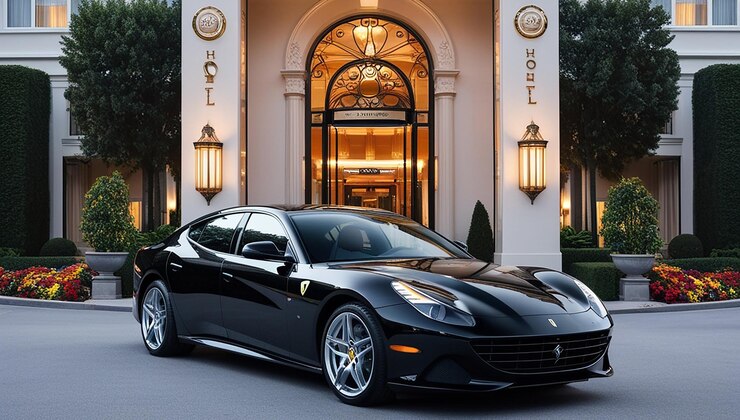 Photo une voiture de luxe garée à l'hôtel.