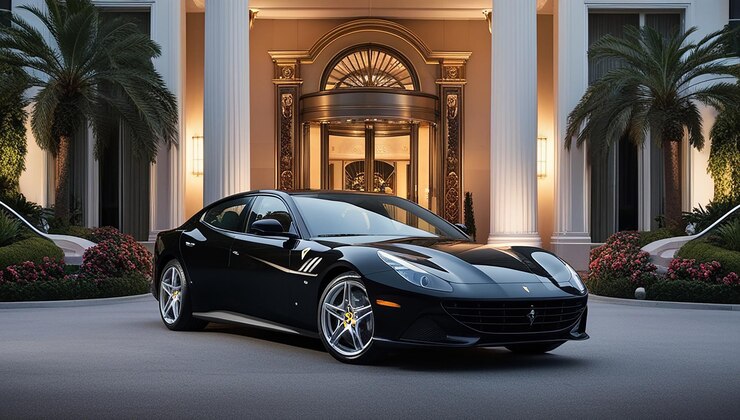 Photo une voiture de luxe garée à l'hôtel.