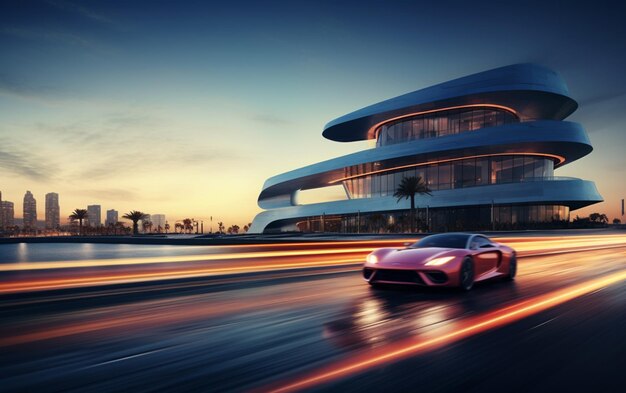 Une voiture de luxe passe devant un bâtiment moderne au crépuscule.