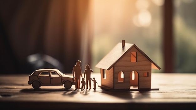 Voiture de maison de famille de personnes miniatures et parapluie sur le sol ai générative