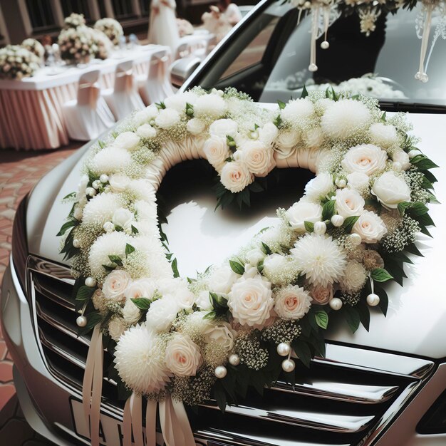 Photo voiture de mariage décorée d'un cœur de fleurs blanches