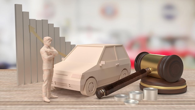 La voiture et le marteau de bois pour le concept de voitures d'enchère 3D