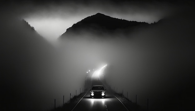 Voiture minimaliste à travers un paysage de montagne sombre AI générative