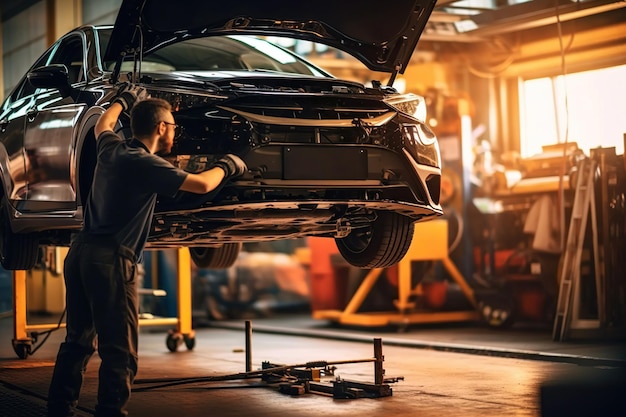 Photo voiture moderne en cours de réparation dans une station-service techniciens qualifiés travaillant sur le véhicule pour assurer ses performances optimales ai générative