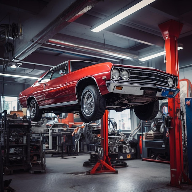 Une voiture moderne dans un service de voiture sur un ascenseur