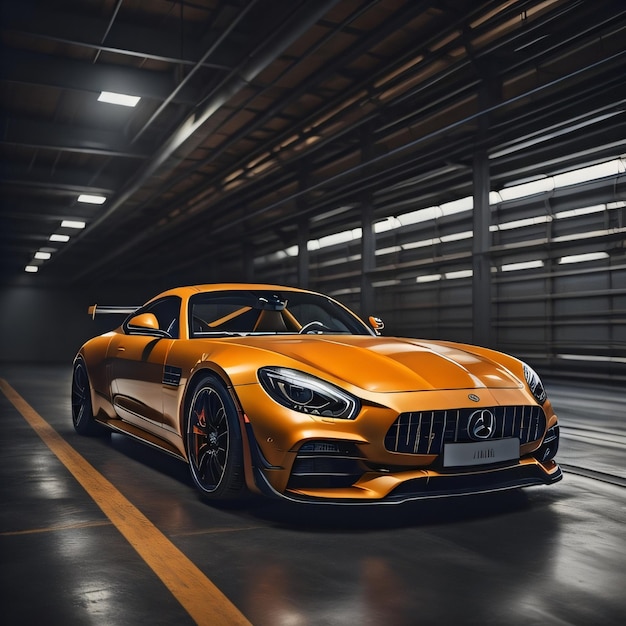 Une voiture moderne de luxe orange est garée dans un garage