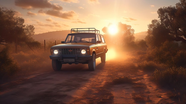 Une voiture avec le mot ford à l'avant roule dans un désert poussiéreux.