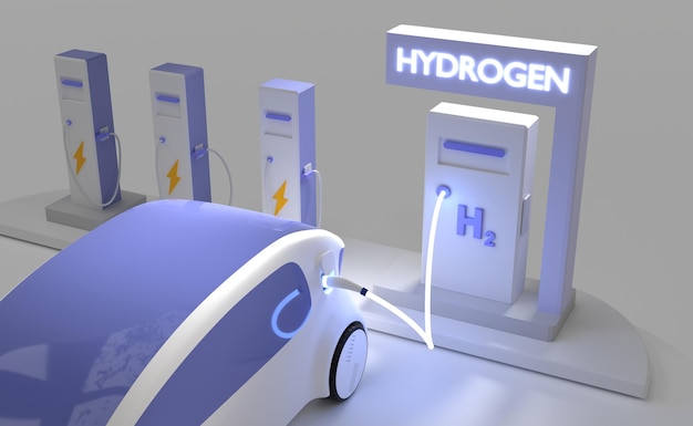 Voiture avec moteur à hydrogène ou hybride sur la station de ravitaillement avec prise de nuit par câble incandescent Service de ravitaillement en carburant pour les véhicules à pile à combustible transport écologique sans émissions avec batterie d'énergie rendu 3d