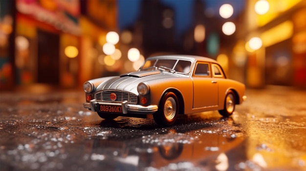 Voiture moulée sous pression en Diorama avec ampoule sur la ville de nuit Generative Ai