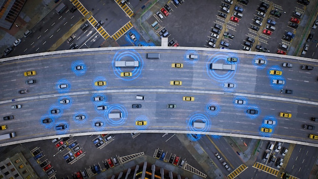 Voiture de mouvement avec conduite autonome sur la rue de la ville rendu 3d