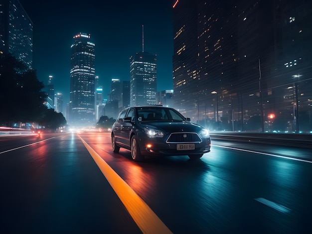 Une voiture en mouvement dans la ville de nuit ai générer