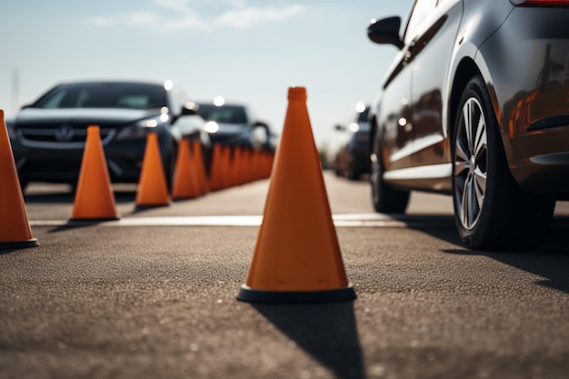 La voiture navigue dans les cônes de circulation, une composante essentielle de l'examen du permis de conduire.