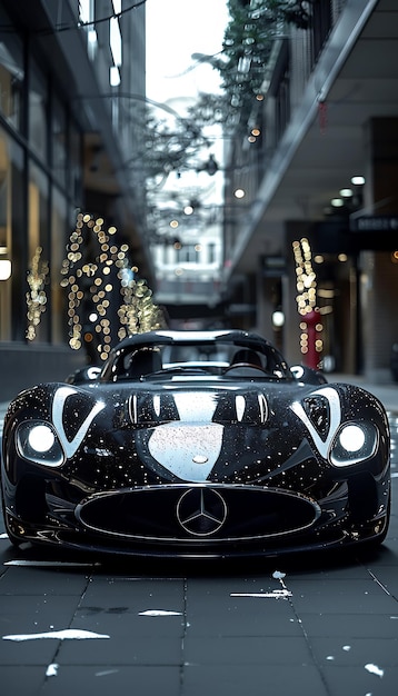 une voiture noire avec le logo sur le devant