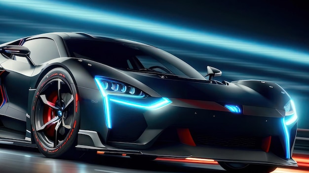 Une voiture noire avec une lumière LED bleue qui dit "supercar" dessus