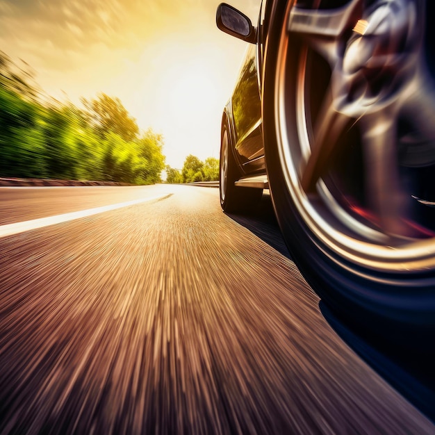 Voiture noire sur la route Vue depuis un angle de roue de pneu arrière Gros plan AI générative