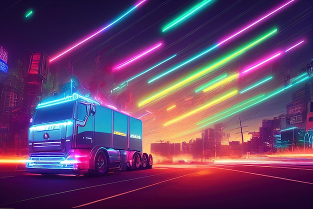 Voiture d'onde de synthétiseur d'onde rétro futuriste Gros camion Camion rétro avec contours de rétroéclairage au néon