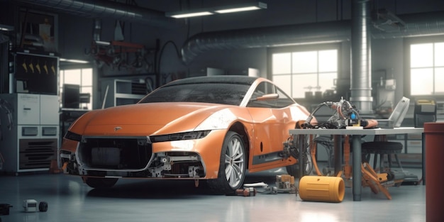 Une voiture orange dans un garage.