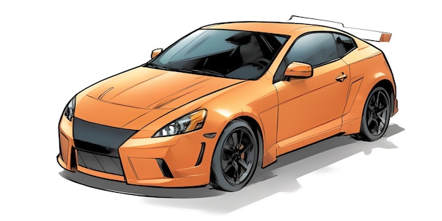 Une voiture orange est représentée dans ce style de dessin avec une jante noire et un fond blanc AI