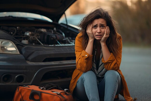 Une voiture en panne, de la tristesse et une femme frustrée demandant de l'aide.