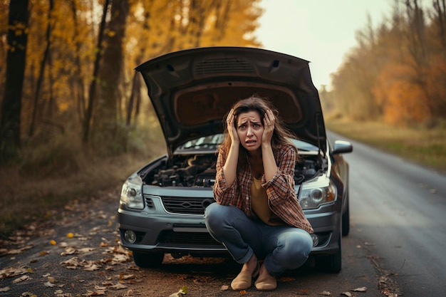 Une voiture en panne, de la tristesse et une femme frustrée demandant de l'aide.