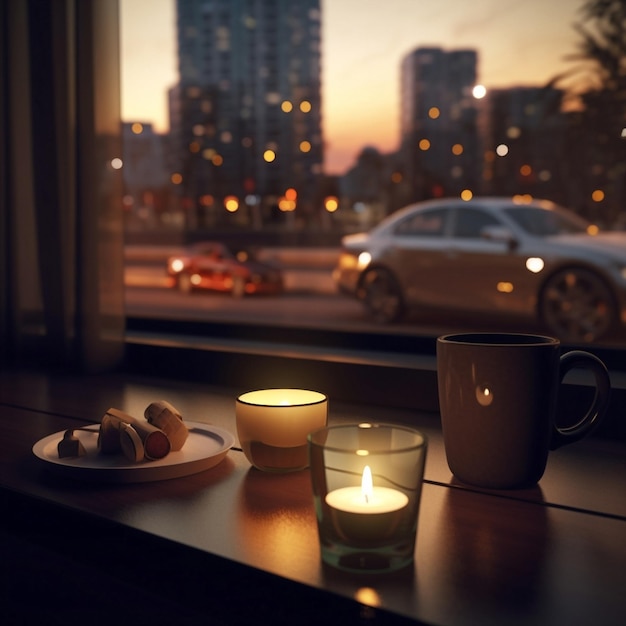 Une voiture passe devant une fenêtre avec une tasse de café et une bougie dessus.