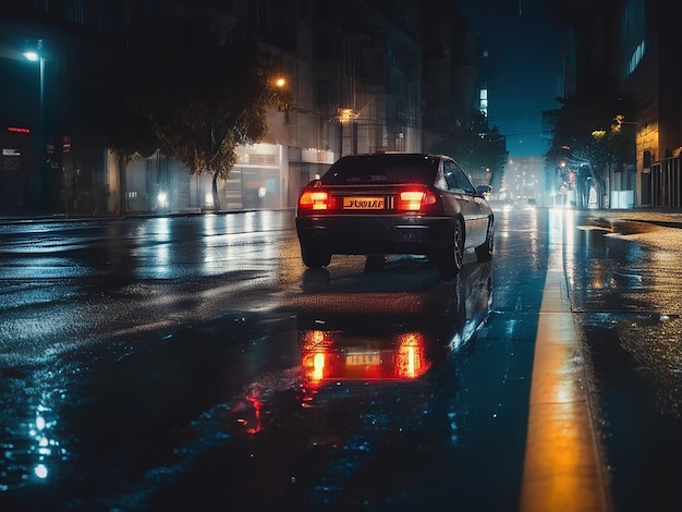 La voiture passe à grande vitesse dans les rues de la ville, réfléchissant dans l'asphalte mouillé la nuit.