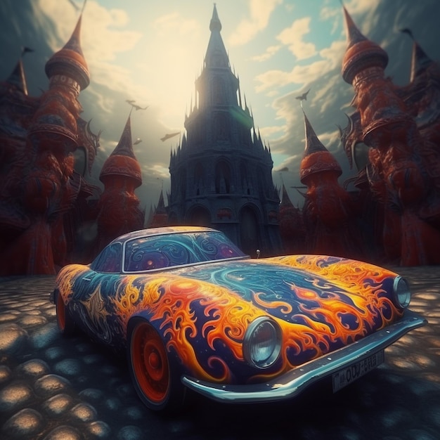 Photo voiture peinte de couleurs vives devant un château avec une tour de l'horloge ai générative