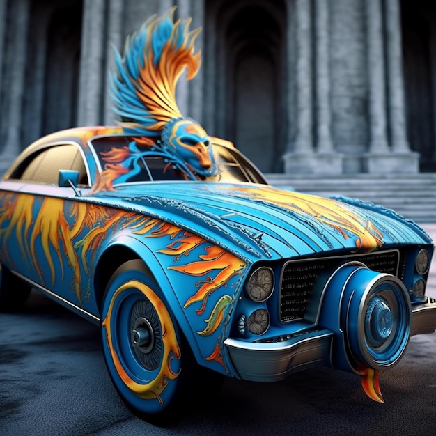 Photo voiture peinte de couleurs vives avec un oiseau dessus ai générative