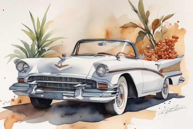 voiture de peinture à l'aquarelle avec des feuilles de palmiervoiture de peinture à l'aquarelle avec des feuilles de palmierclassique vintage