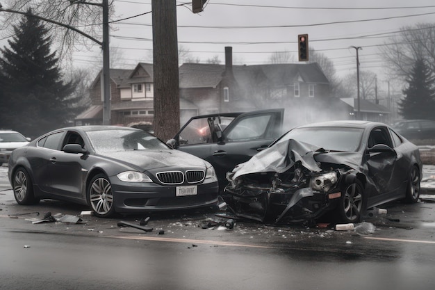 Une voiture a percuté un arbre et le conducteur d'une voiture est devant.