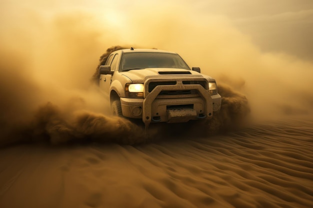 Une voiture avec des phares brillants roulant sur un terrain désertique dans une tempête de sable à la lumière du jour