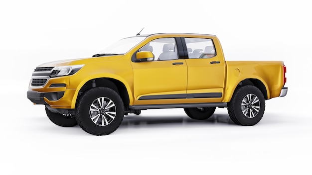 Voiture pick-up jaune sur fond blanc. rendu 3D.