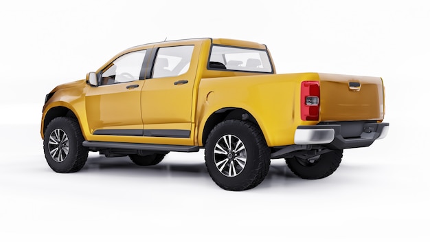 Voiture pick-up jaune sur fond blanc. rendu 3D.