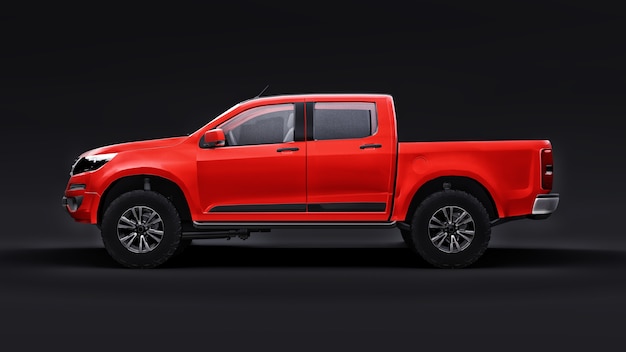 Voiture pick-up rouge sur fond noir. rendu 3D.