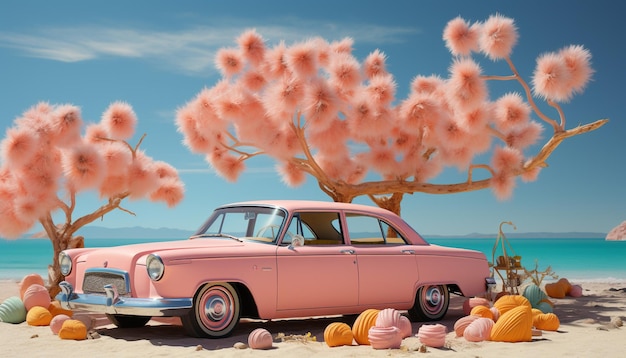 voiture sur la plage avec accessoires d'été