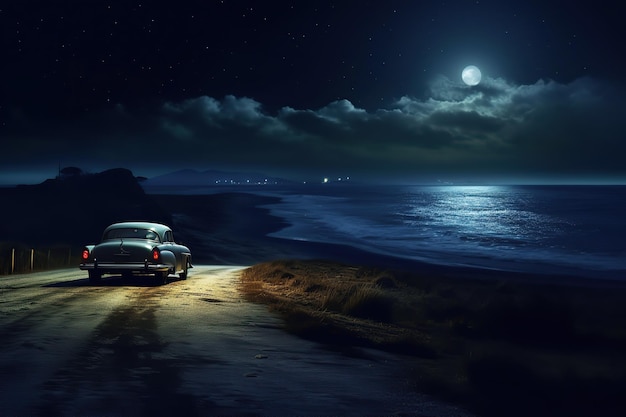 Voiture sur la plage de la mer la nuit Ai art