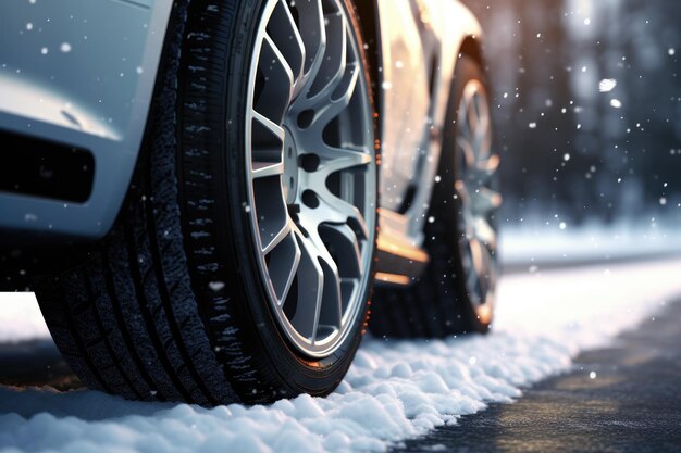 Voiture avec pneus d'hiver sur route couverte de neige Closeup sur roues