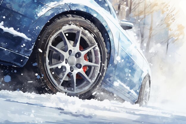 Voiture avec des pneus d'hiver sur une route couverte de neige Illustration à l'aquarelle