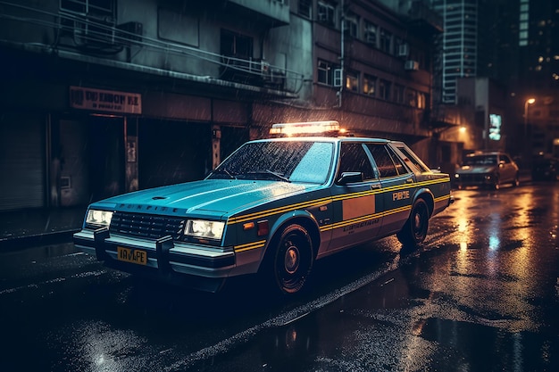 voiture de police avec des feux clignotants dans une ville moderne ai générative