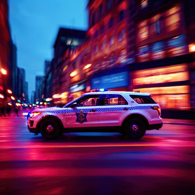 Voiture de police poursuite à grande vitesse longue exposition mouvement dynamique avec trace de lumière