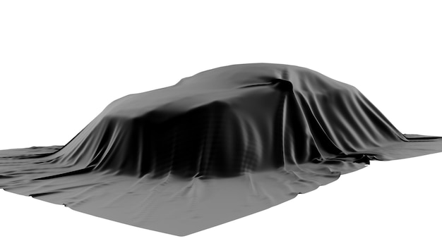 Voiture de présentation sous tissu noir sur fond blanc rendu 3d