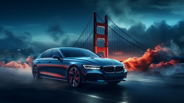 Une voiture privée traversant le pont avec des nuages dans le ciel et une vue nocturne effet de lumière bleu néon