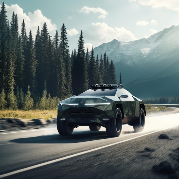 Une voiture qui se trouve sur une route avec des montagnes en arrière-plan