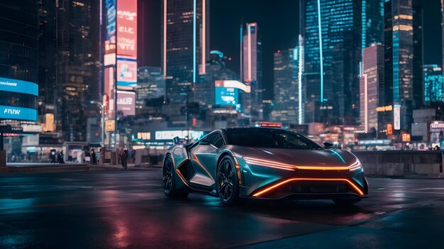 Photo une voiture rapide futuriste dans une métropole lumineuse sur le thème du cyberpunk en néon. vue nocturne de la ville.