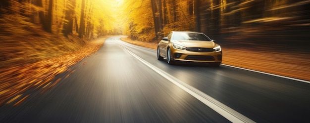 Une voiture rapide traverse la forêt d'automne avec un mouvement captivant.