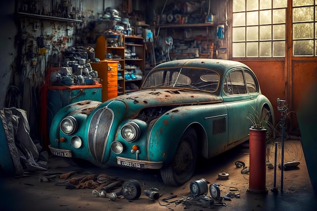 Une voiture rare de l'industrie automobile se tient dans un petit atelier pour réparation