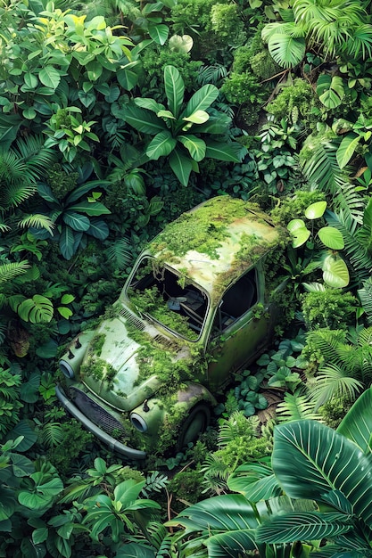 Voiture recouverte de mousse verte et entourée de fougères et d'autres plantes vertes